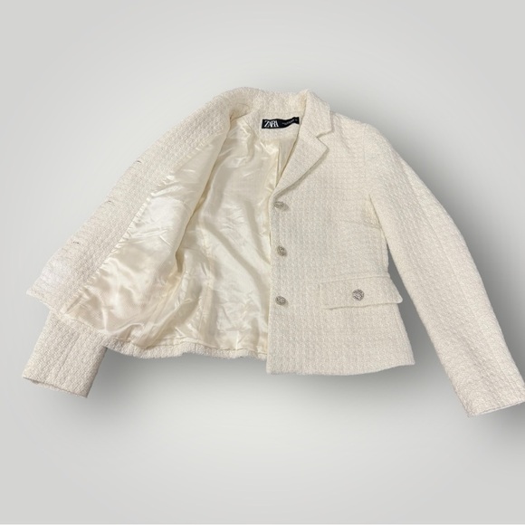 ZARA Cream / white blazer jacket Rhinestones Classy Simple Tweed Sz M - Picture 15 of 16